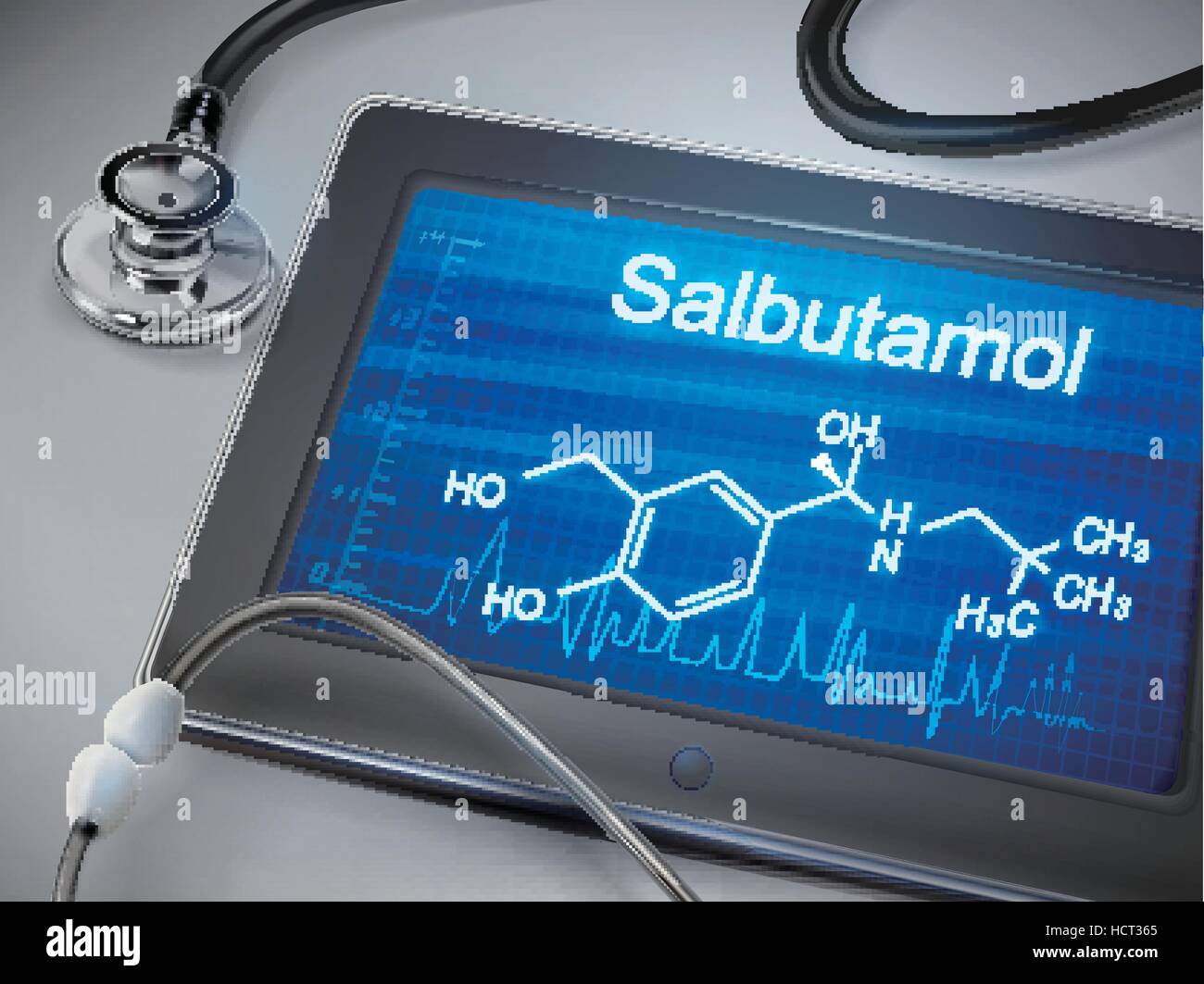 salbutamol word displayed on tablet with stethoscope over table Stock Vector