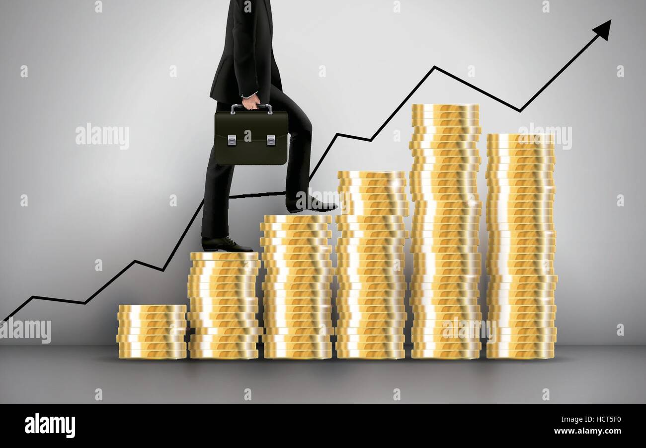 businessman going up through coins stairs over grey Stock Vector Image ...