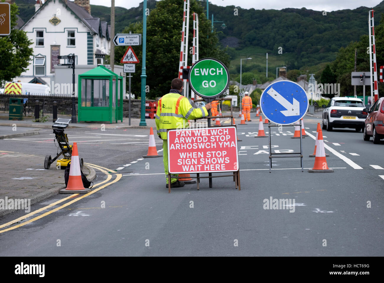 Wales Roadworks Signs Stock Photo