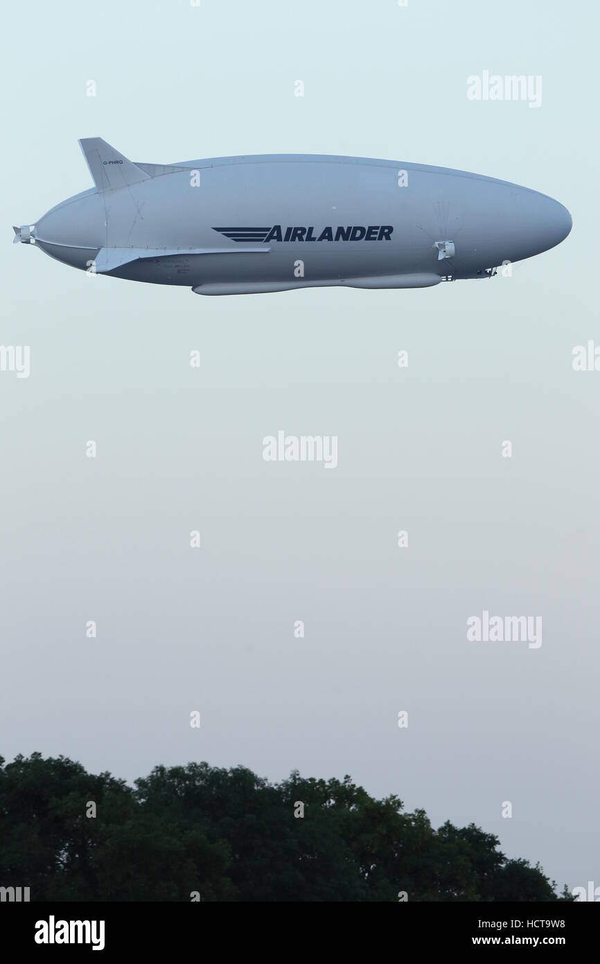The Airlander 10, the world’s largest aircraft, during it's maiden flight at Cardington Airfield, Bedfordshire  Featuring: The Airlander 10 Where: Bedfordshire, United Kingdom When: 17 Aug 2016 Stock Photo