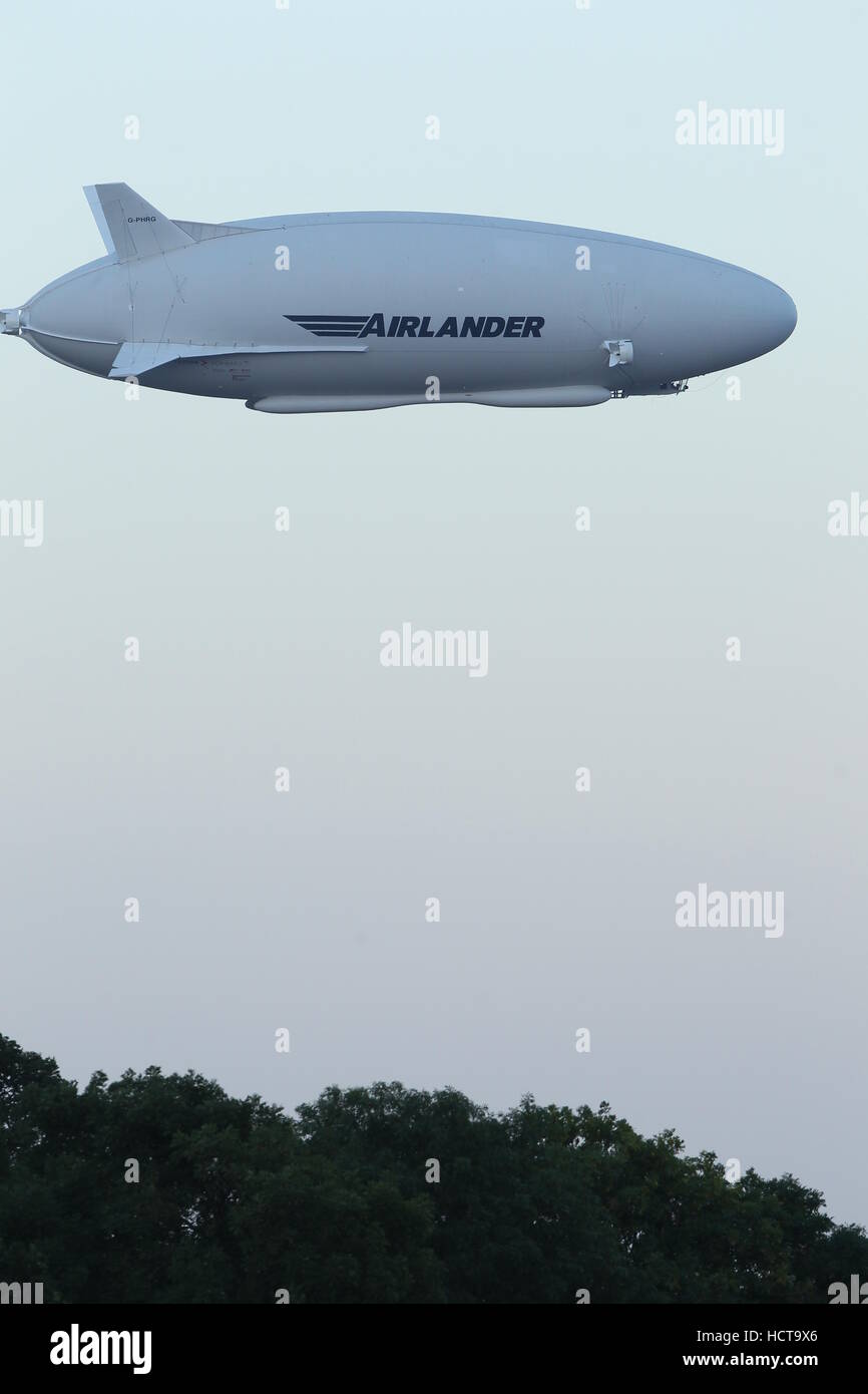 The Airlander 10, the world’s largest aircraft, during it's maiden flight at Cardington Airfield, Bedfordshire  Featuring: The Airlander 10 Where: Bedfordshire, United Kingdom When: 17 Aug 2016 Stock Photo
