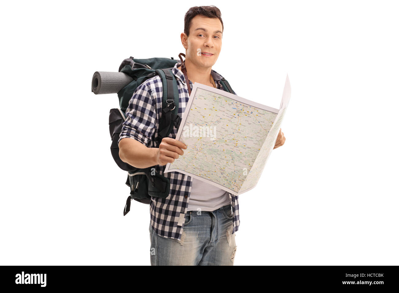 Hiker holding a generic map isolated on white background Stock Photo