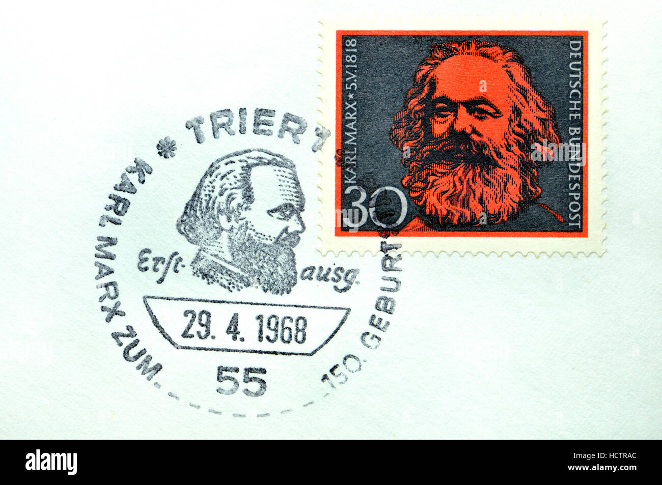 German Postage Stamp (1968) on first day cover: 150th birthday of Karl Marx Stock Photo