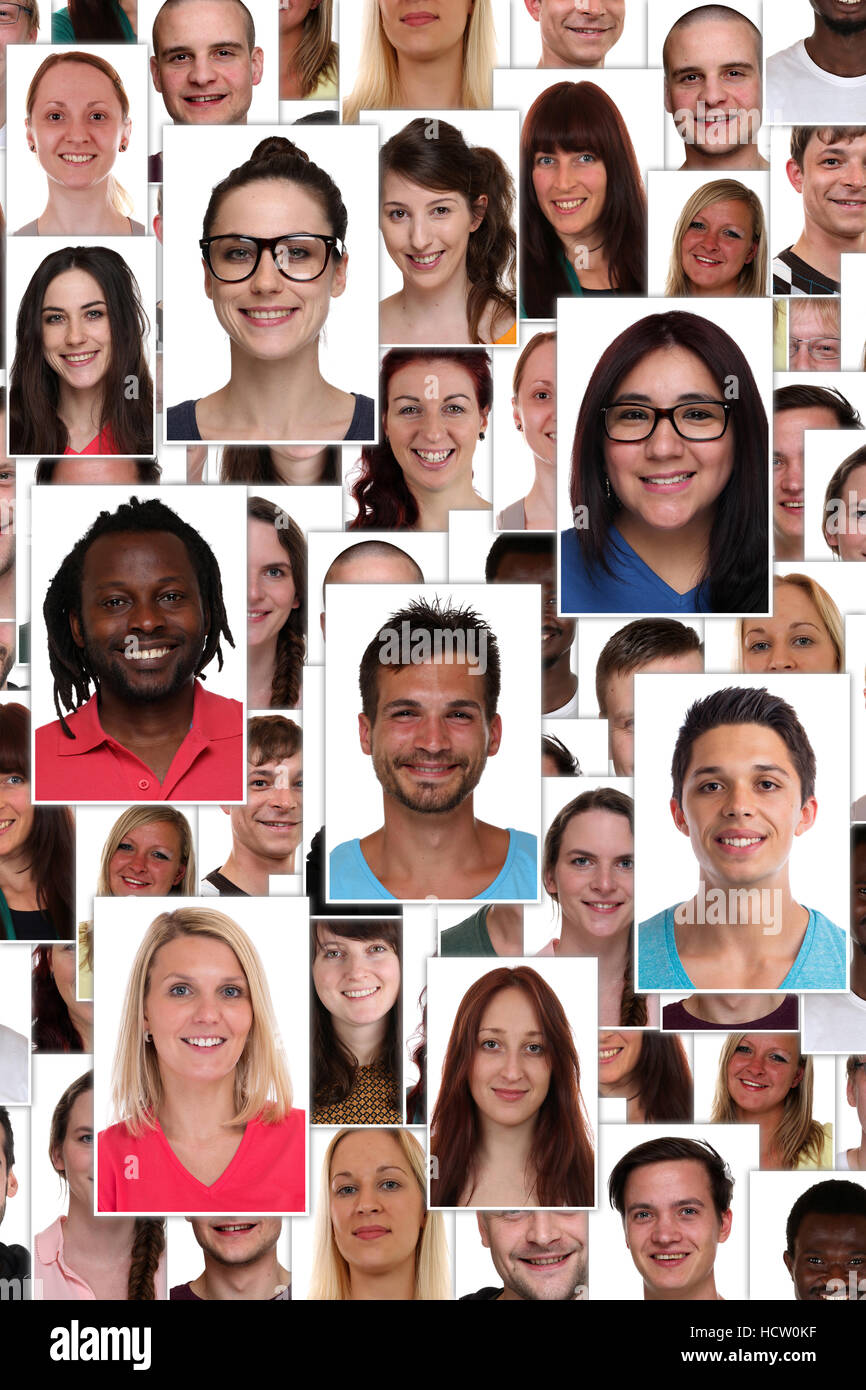 Group of multiracial young smiling happy people background collage refugees Stock Photo