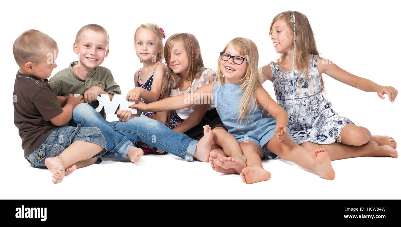 a group of children playing - fun, team building with joy, Stock Photo