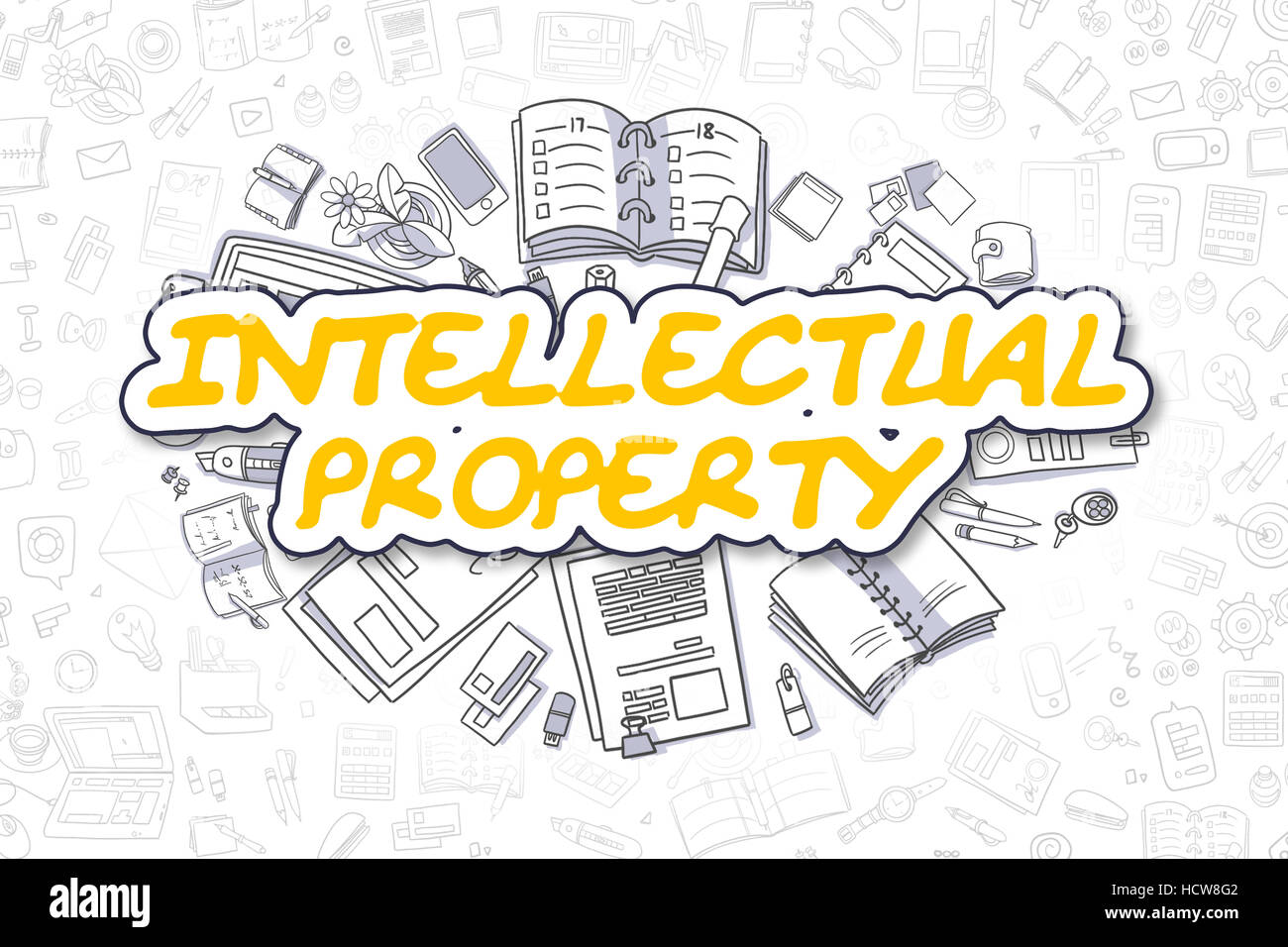 Intellectual Property - Hand Drawn Business Illustration with Business Doodles. Yellow Word - Intellectual Property - Cartoon Business Concept. Stock Photo