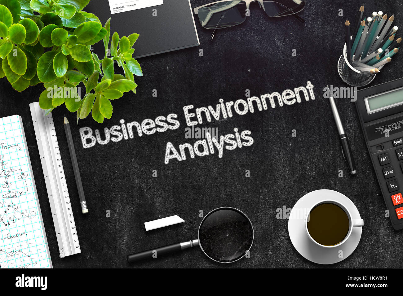 Black Chalkboard with Business Environment Analysis Concept. 3d
