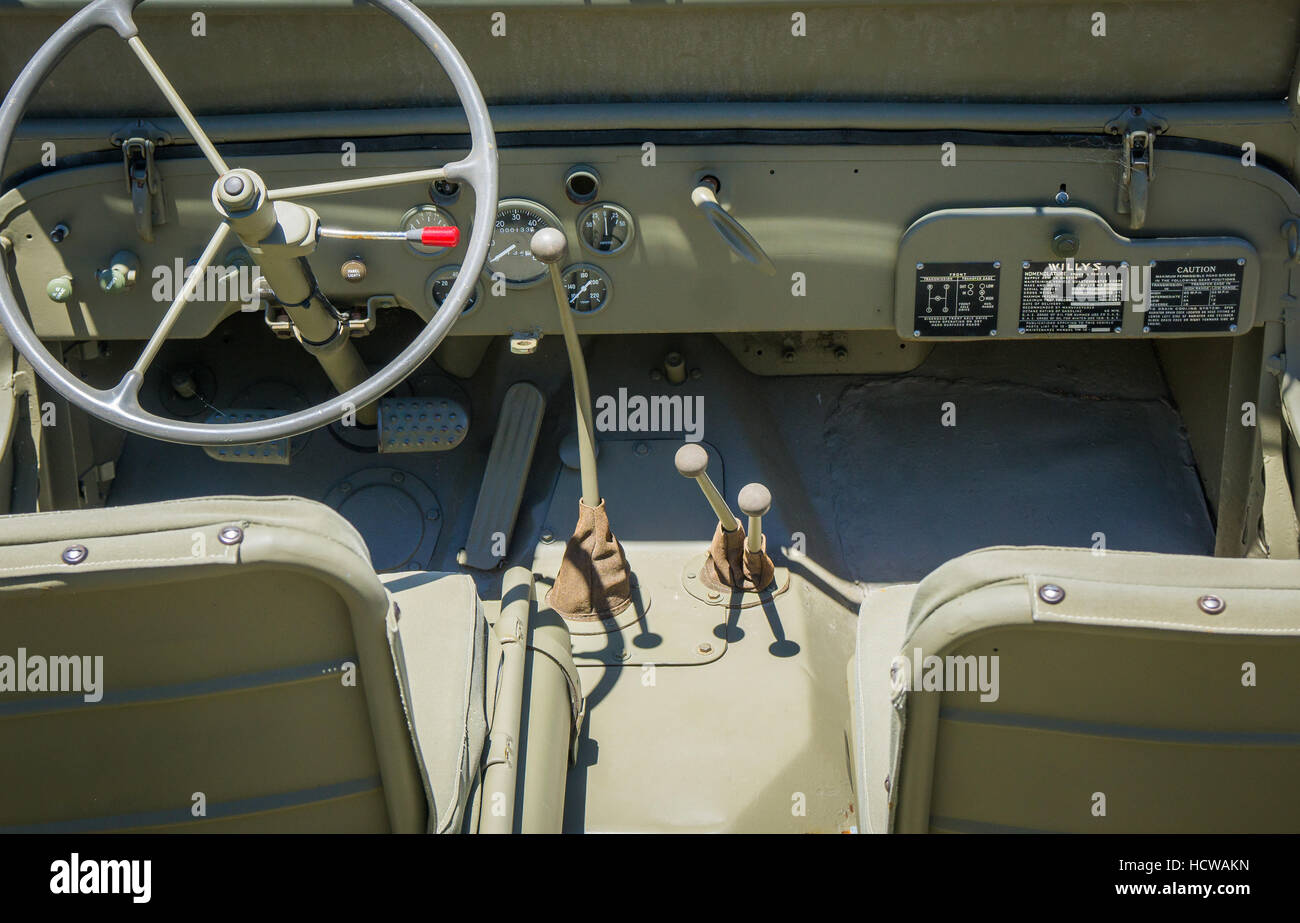 The interior of a WWII Willy Jeep Stock Photo
