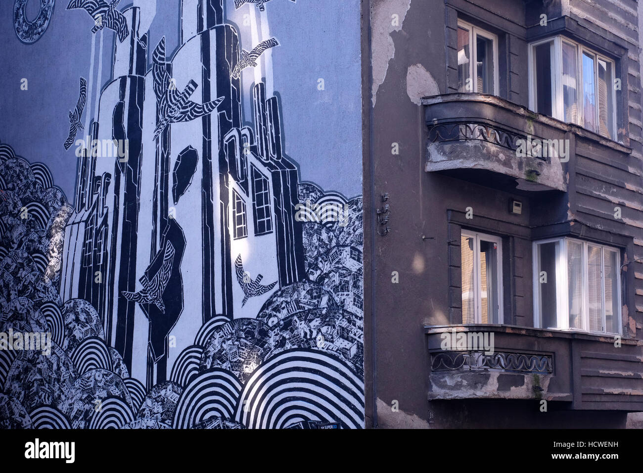 A painted wall at the facade of a building in the city center of Belgrade capital of the Republic of Serbia Stock Photo