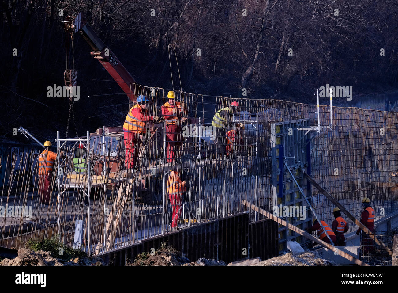Road workers at work in the city center of Belgrade capital of the Republic of Serbia Stock Photo