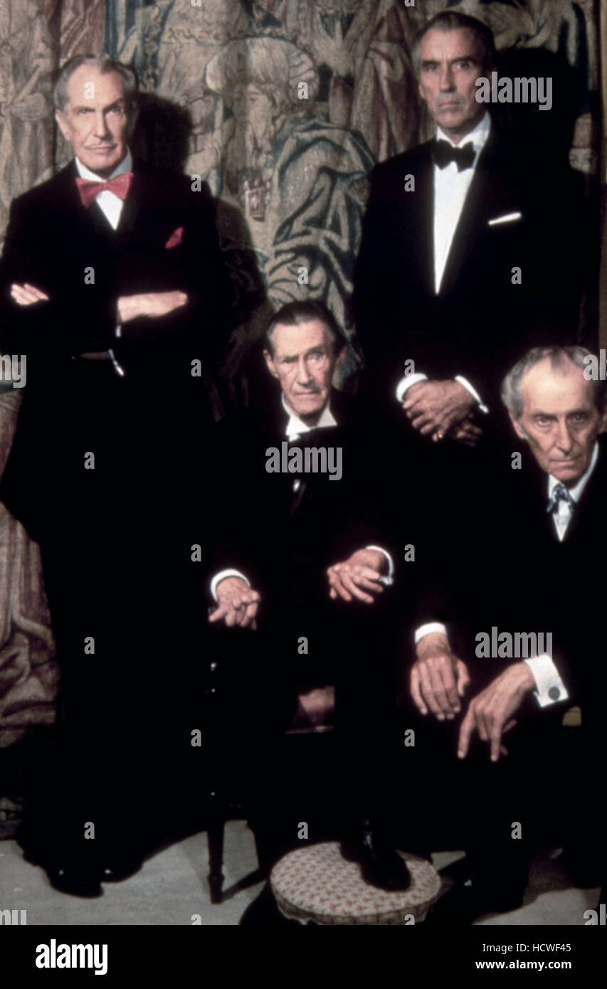 HOUSE OF THE LONG SHADOWS, Vincent Price, John Carradine, Christopher Lee, Peter  Cushing, 1984, (c)Cannon Films/courtesy Stock Photo - Alamy