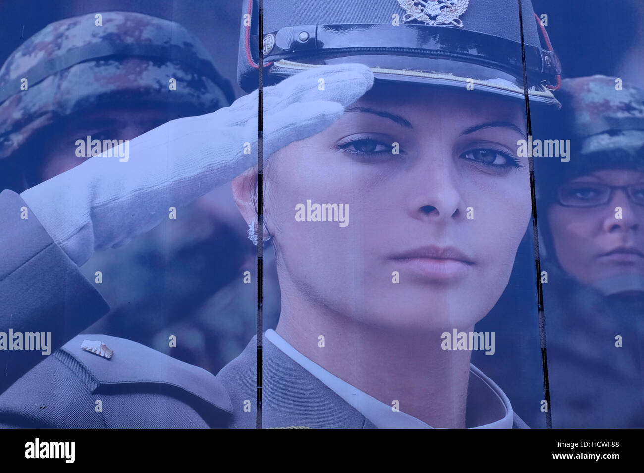 A huge poster featuring Serbian female soldier in the city of Belgrade capital of the Republic of Serbia Stock Photo