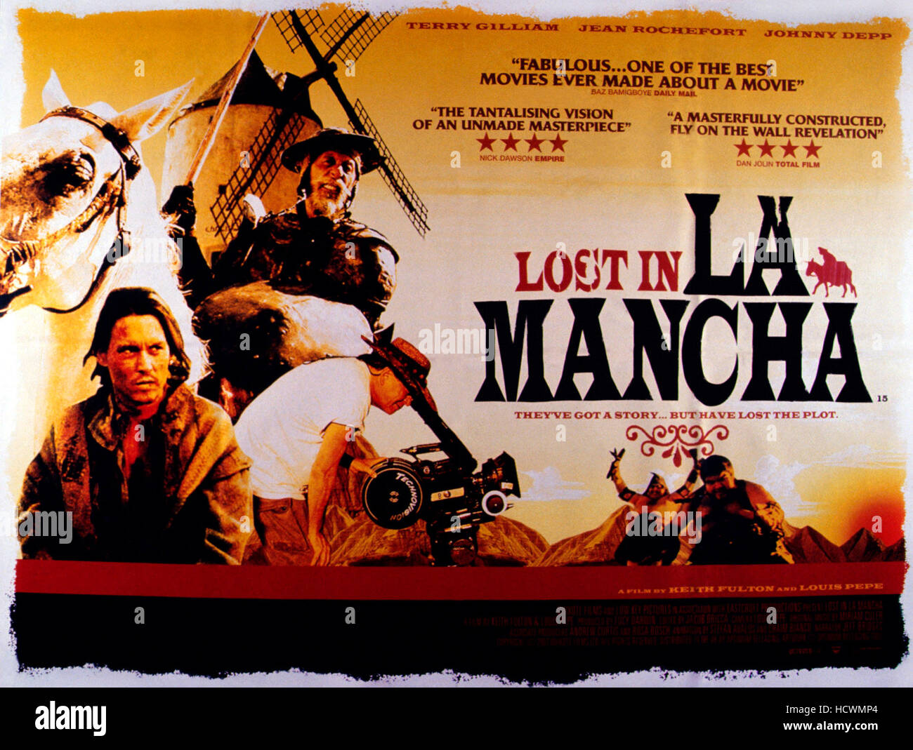 LOST IN LA MANCHA, British poster, front from left Johnny Depp, Terry Gilliam, 2002, © IFC