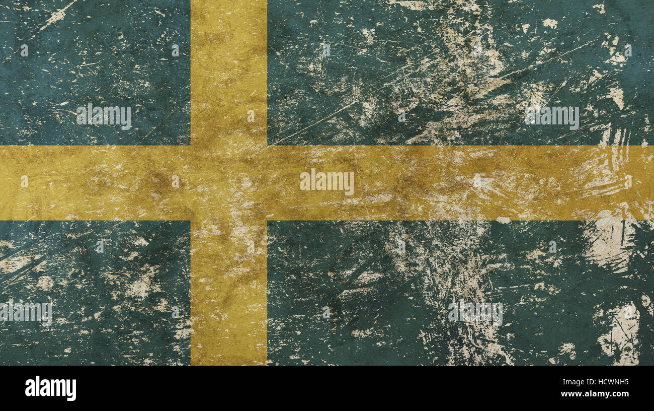 Old grunge vintage dirty faded shabby distressed federative Swedish (Kingdom of Sweden) national flag with yellow cross on blue background Stock Photo