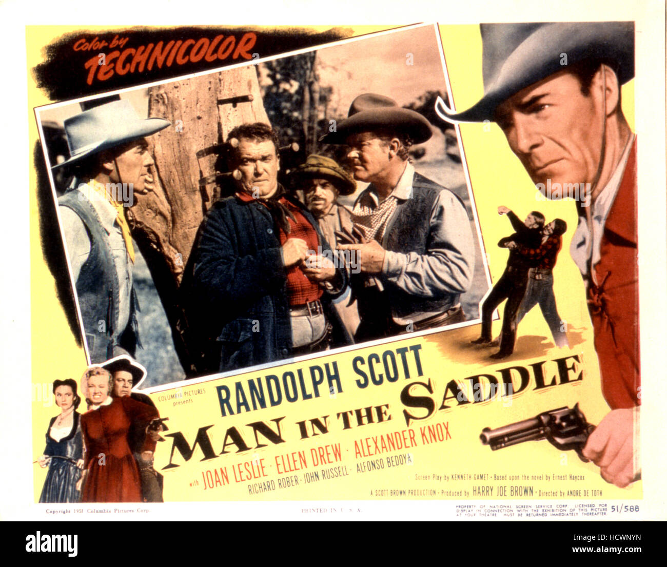 MAN IN THE SADDLE, Randolph Scott, Frank Sully, Alfonso Bedoya, Guinn 'Big  Boy' Williams, lobby card, poster art, 1951 Stock Photo - Alamy