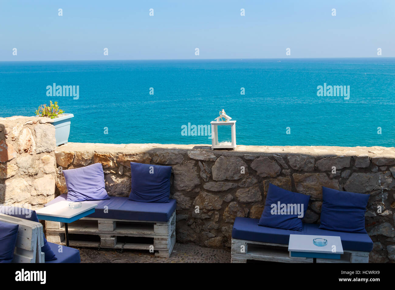 Restaurant with summer terrace and sea views. Horizontal image. Stock Photo