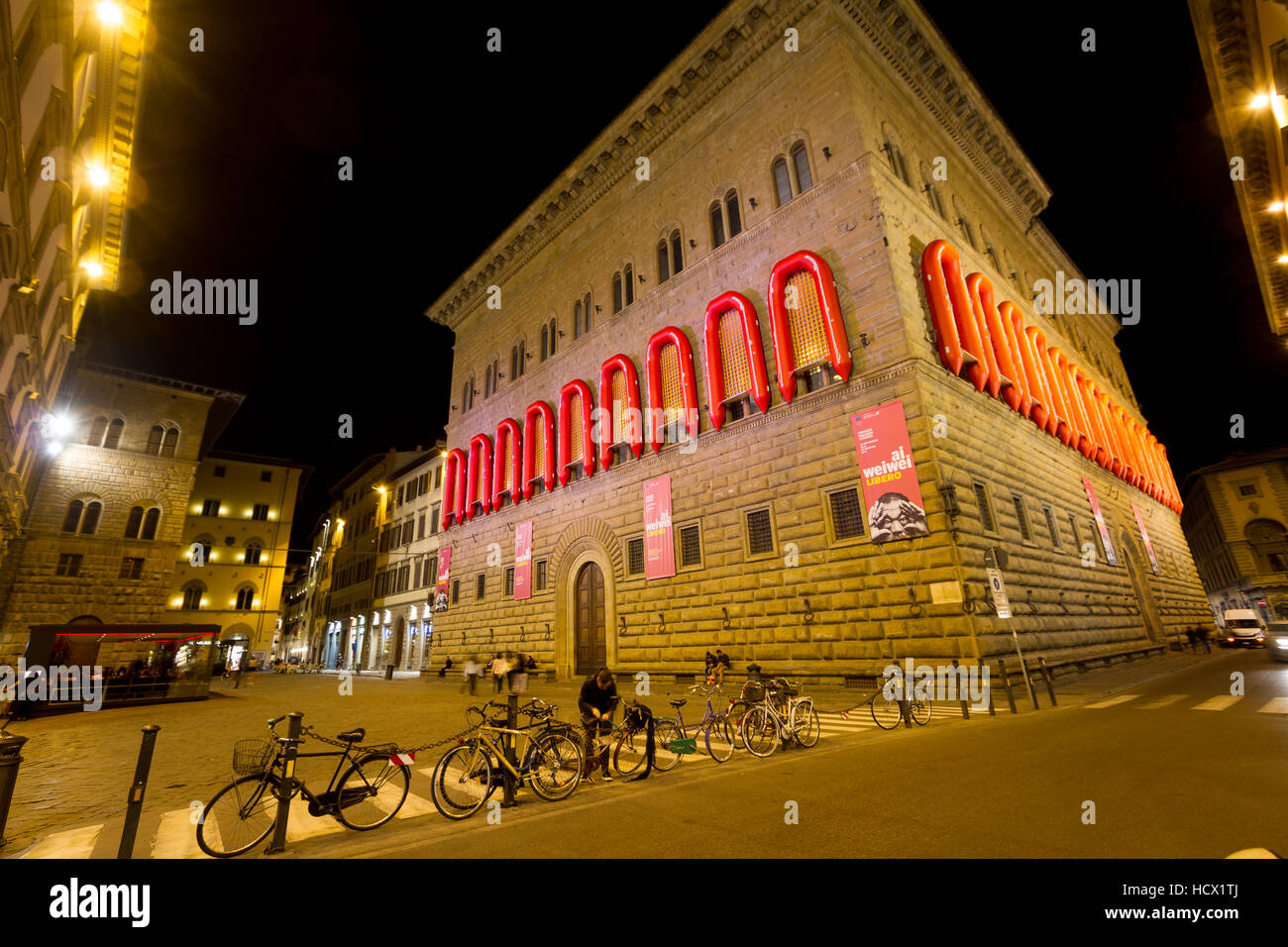 Palazzo Strozzi with installation by contemporary artist Ai Weiwei in  Florence Stock Photo - Alamy