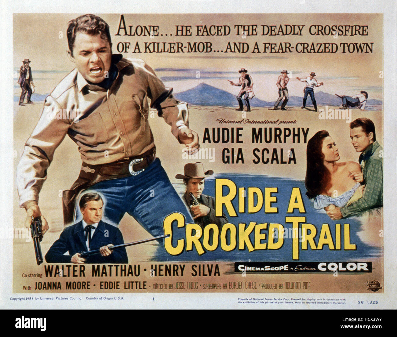 RIDE A CROOKED TRAIL, US lobbycard, left Walter Matthau, Audie Murphy
