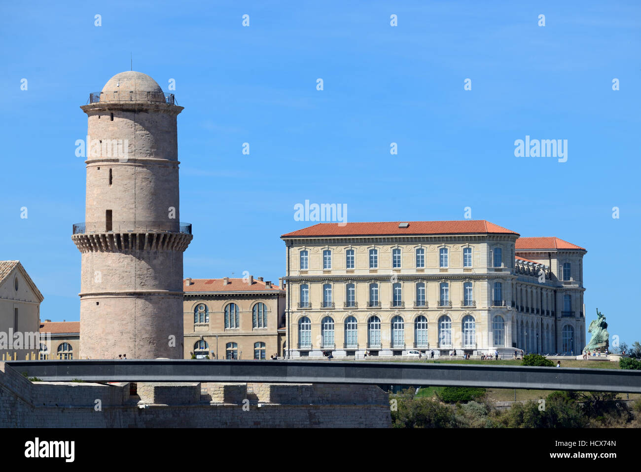 Pharo Palace, Lighthouse and Elevated Footbridge or Walkway Leading from the MUCEM Museum to the Fort Saint Jean Marseille Stock Photo