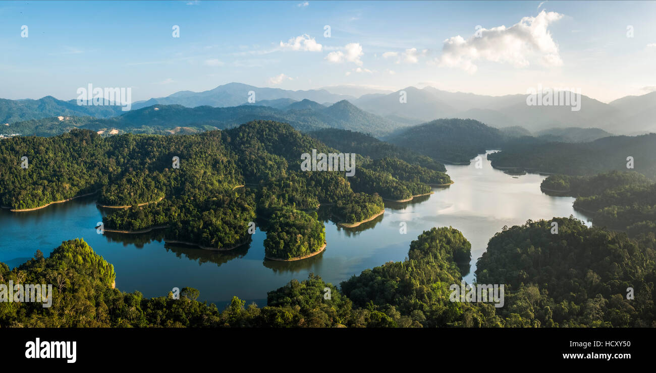 Kland Gate Dam Reservoir and rainforest at sunrise seen from Bukit Tabur Mountain, Kuala Lumpur, Malaysia Stock Photo