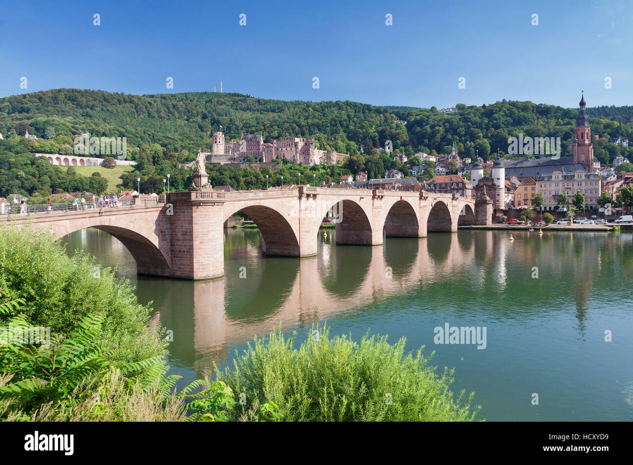 Old town with Karl-Theodor-Bridge, Heilig Geist Church and Castle, Neckar River, Heidelberg, Baden-Wurttemberg, Germany Stock Photo