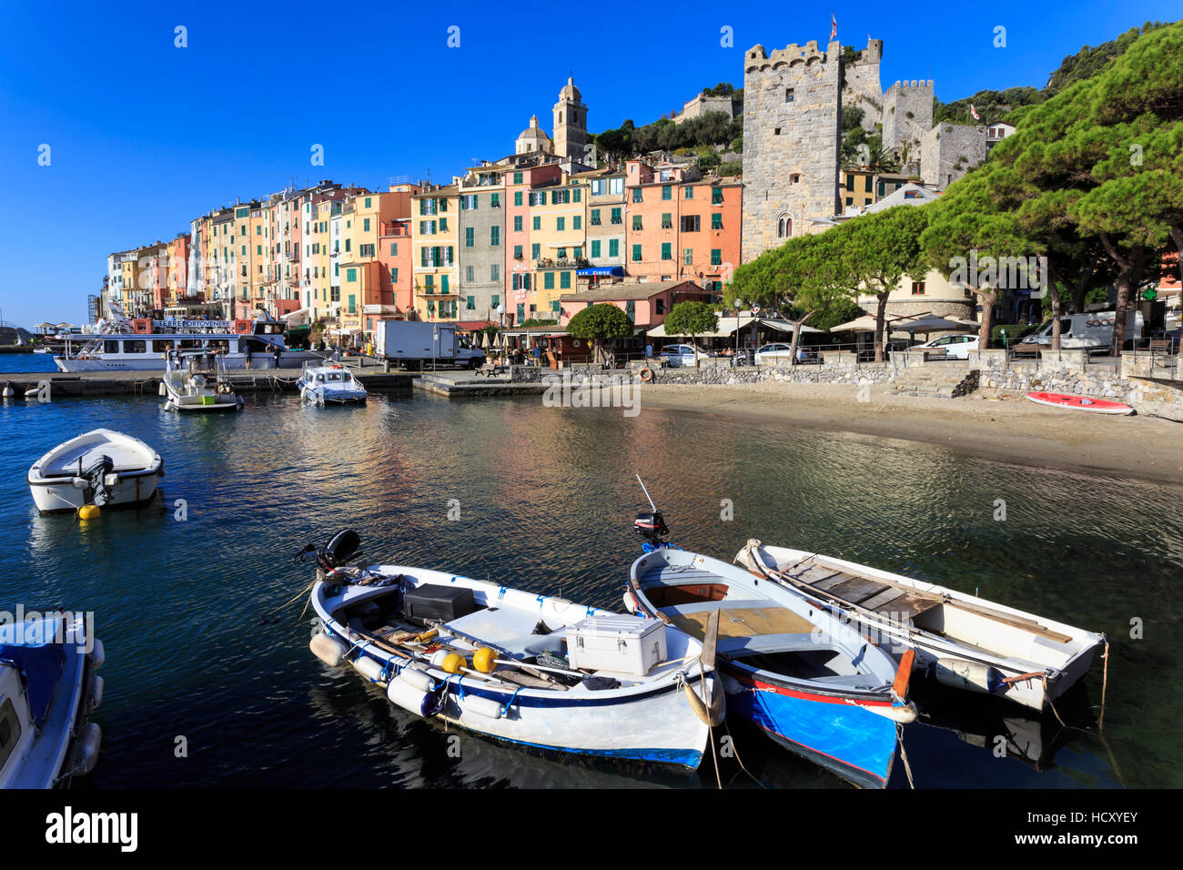 Portovenere (Porto Venere), UNESCO, colourful harbourfront houses, boats and castle, Ligurian Riviera, Liguria, Italy Stock Photo