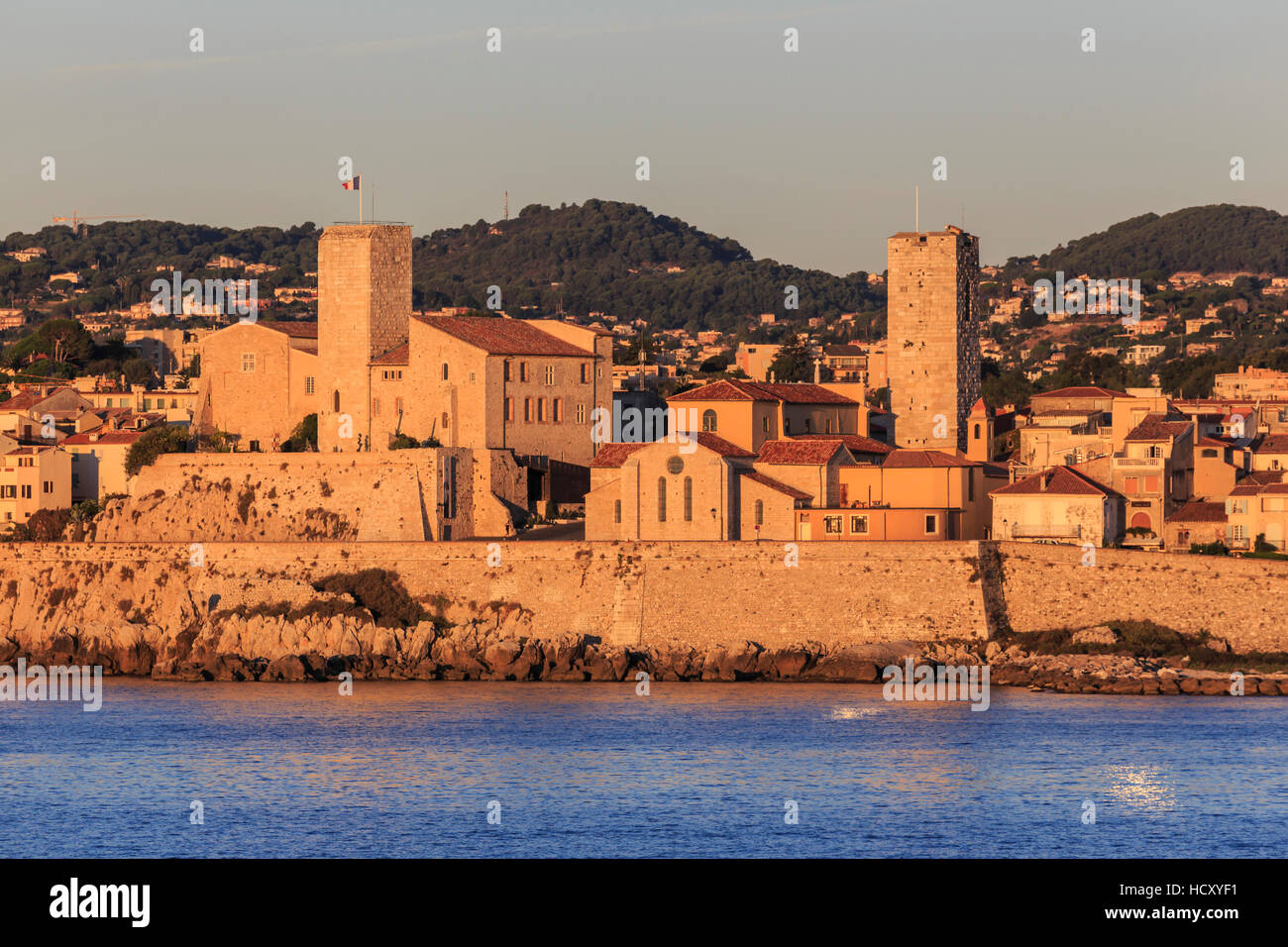 Vieil (old) Antibes, from the sea at sunrise, French Riviera, Cote d'Azur, Provence, France, Mediterranean Stock Photo