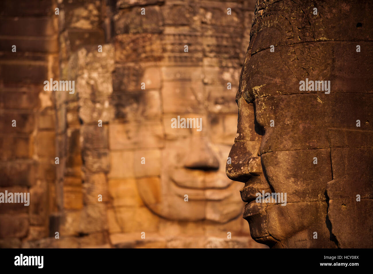 The faces on the Bayon temple at Angkor, UNESCO, Siem Reap, Cambodia, Indochina Stock Photo