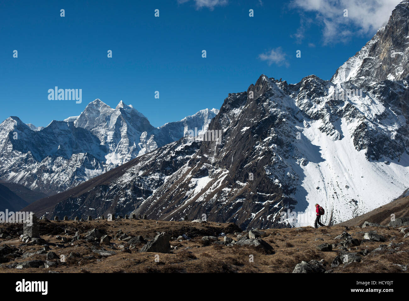 A trekker in the Everest region on the way up to Everest Base Camp seen here walking in front of Cholatse, Khumbu Region, Nepal Stock Photo