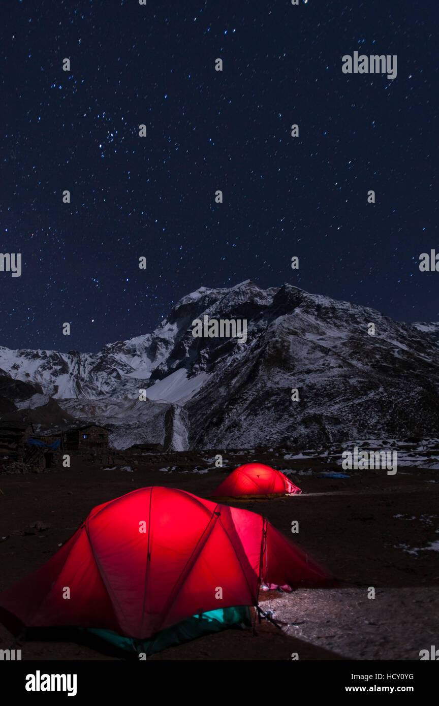 Camped at Samdo during the Manaslu circuit trek, Nepal Stock Photo