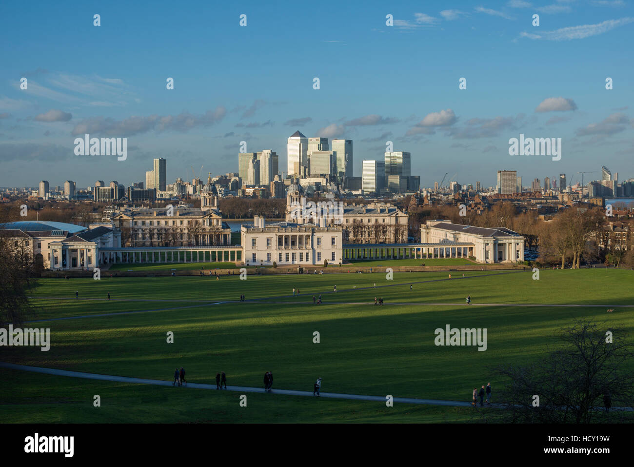 Looking towards Canary Wharf and the Isle of Dogs, Docklands, from the Royal Observatory in Greenwich, London, UK Stock Photo