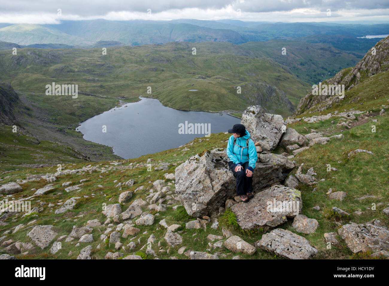 Looking down on Stickle Tarn near Great Langdale in the Lake District, Cumbria, UK Stock Photo