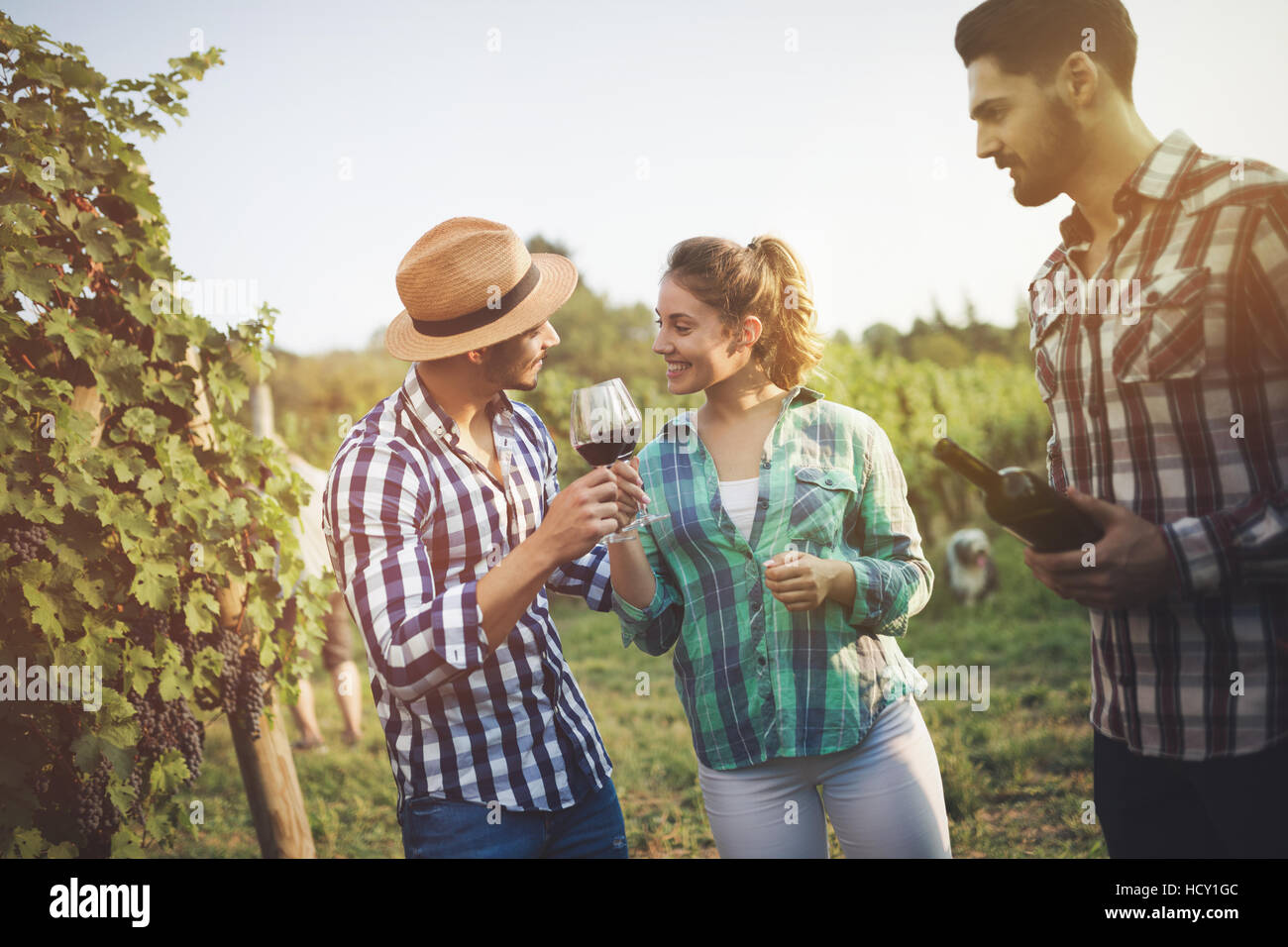 Happy wine tourists tasting wine in vineyard Stock Photo