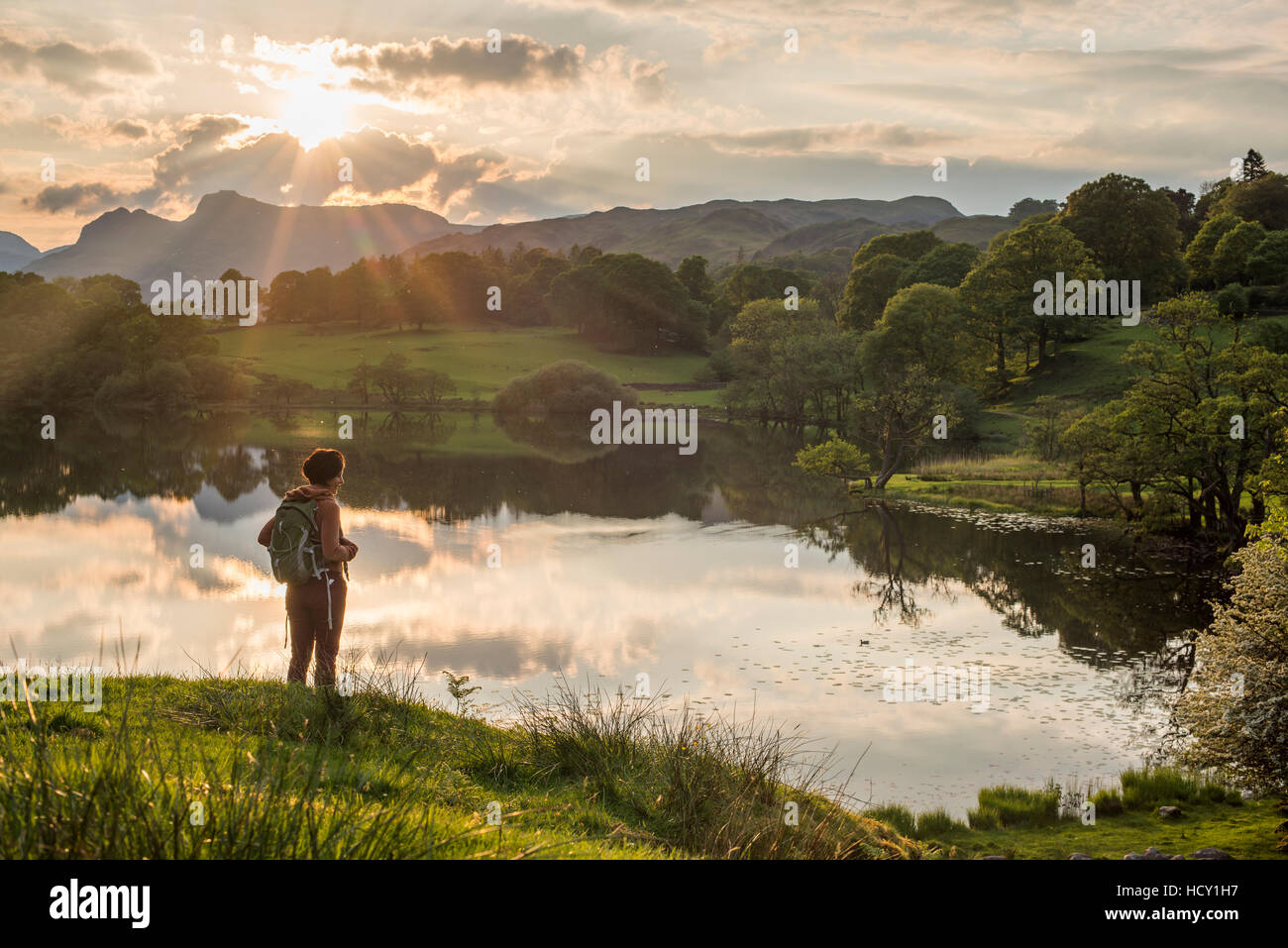 A woman looks out over Loughrigg Tarn near Ambleside, Lake District National Park, Cumbria, UK Stock Photo