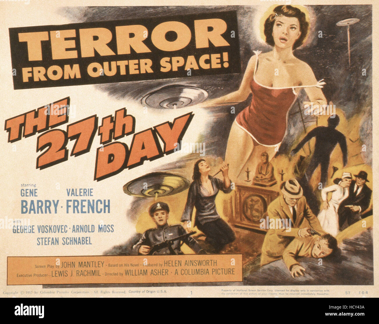 THE 27TH DAY, US poster, Valerie French (bathing suit), 1957 Stock
