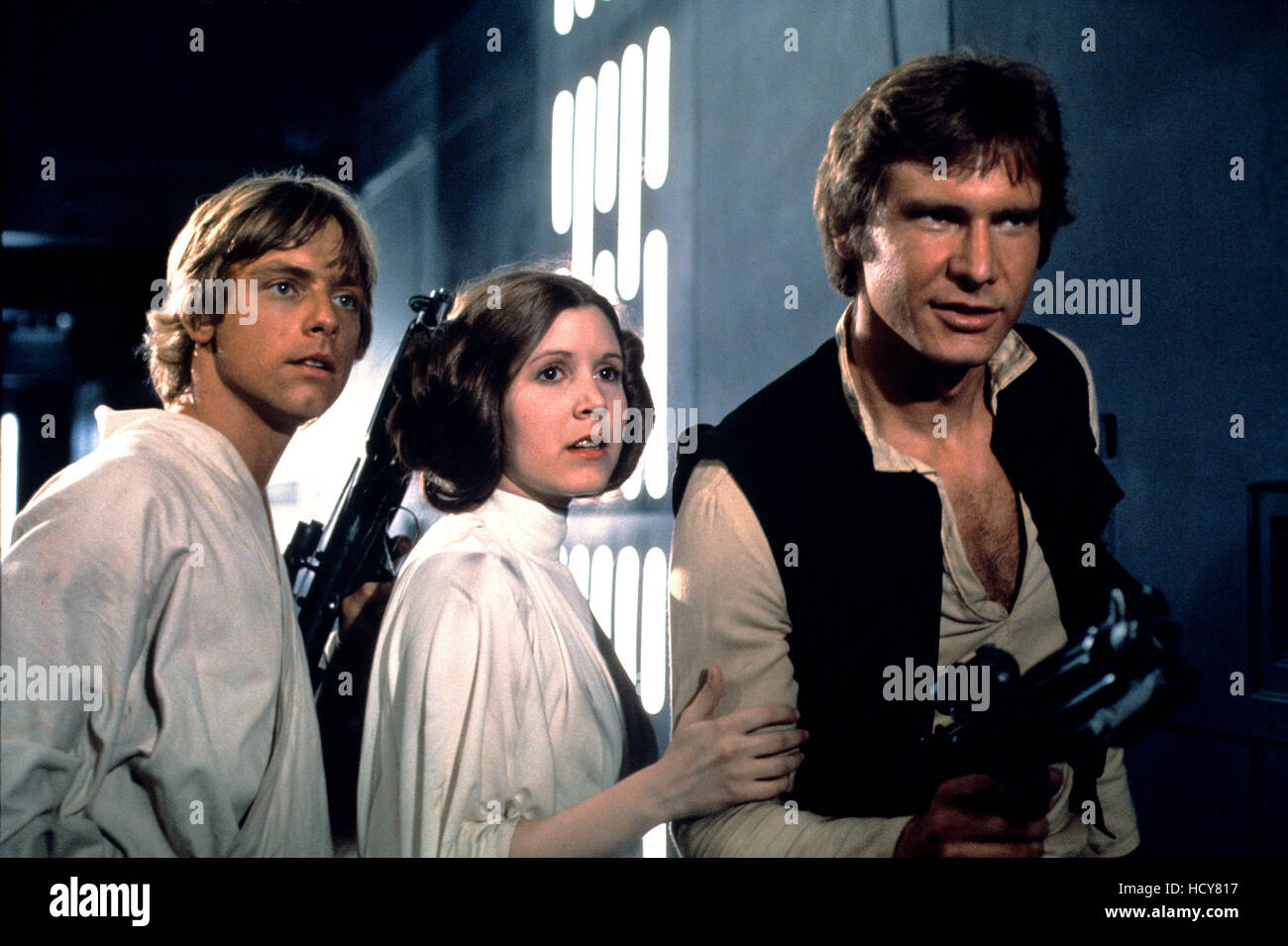 STAR WARS, (aka STAR WARS: EPISODE IV - A NEW HOPE), Mark Hamill, Carrie Fisher, Harrison Ford, 1977. Stock Photo