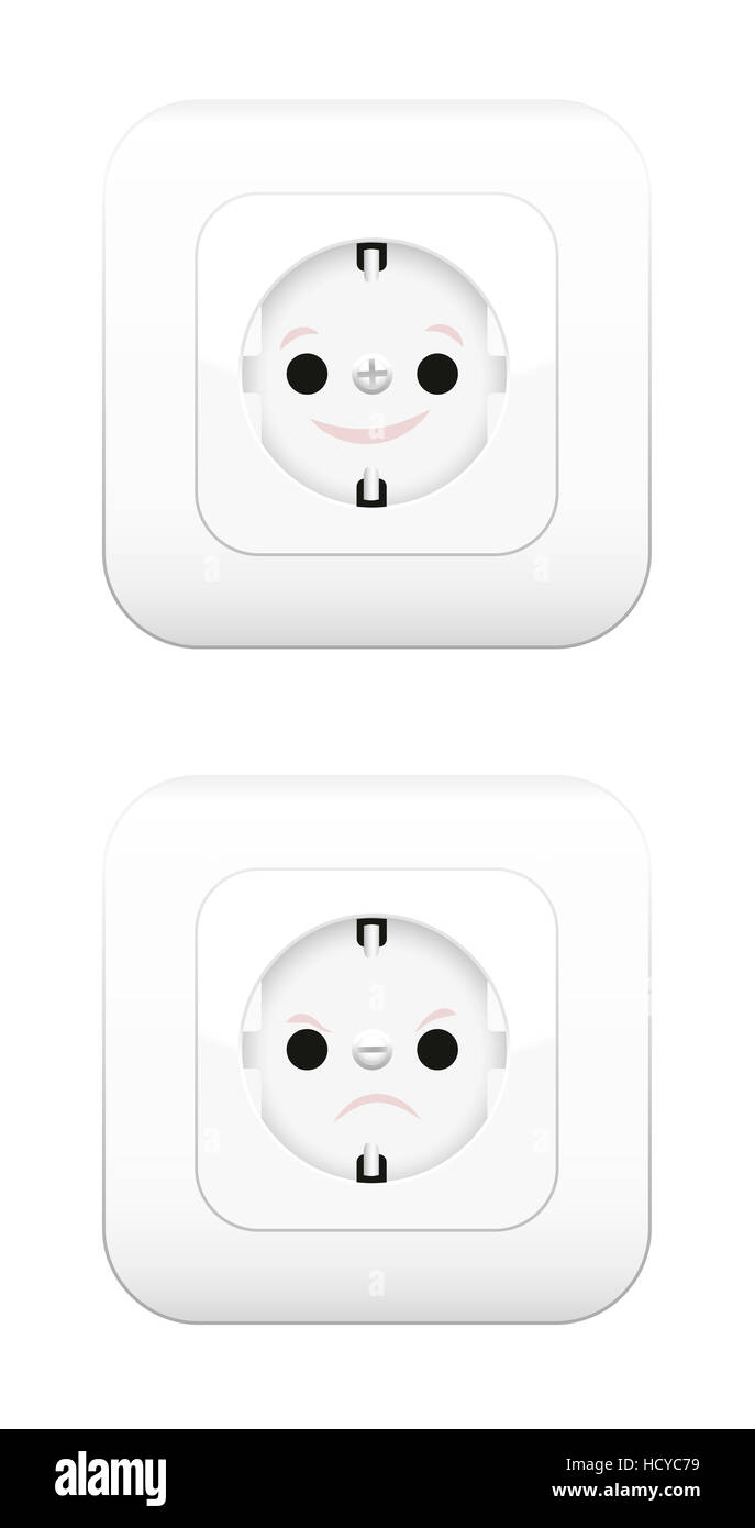 Sockets with face, one smiling, the other one grumpy, as a symbol for pros and cons concerning consumption of electricity and po Stock Photo