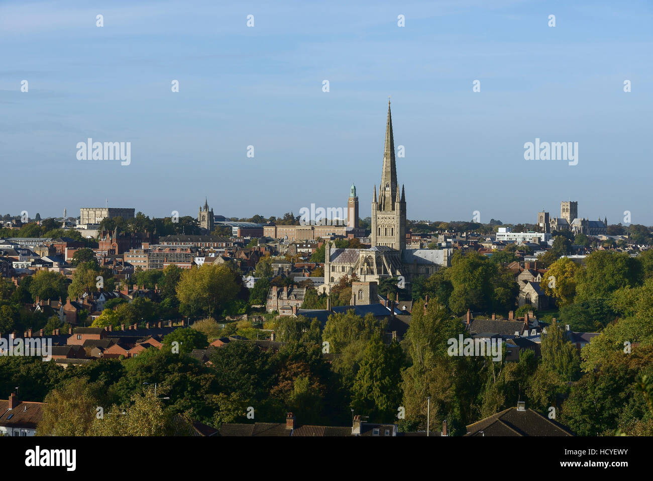 Norwich city centre skyline with the two cathedrals and landmark buildings Stock Photo