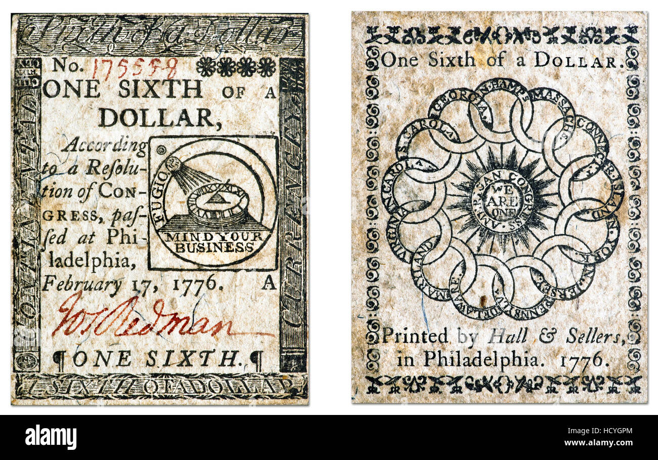 Real Continental Dollar dated 1776, was the first paper American dollar,front and back of bill. Stock Photo