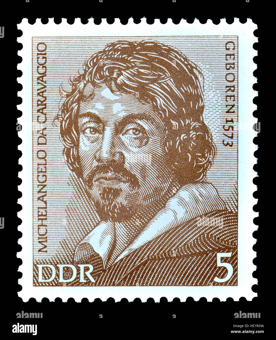 East German (DDR) Postage Stamp (1973) : Michelangelo Merisi da Caravaggio (1571 – 1610) Italian painter (from a Chalk portrait of by  Ottavio Leoni) Stock Photo