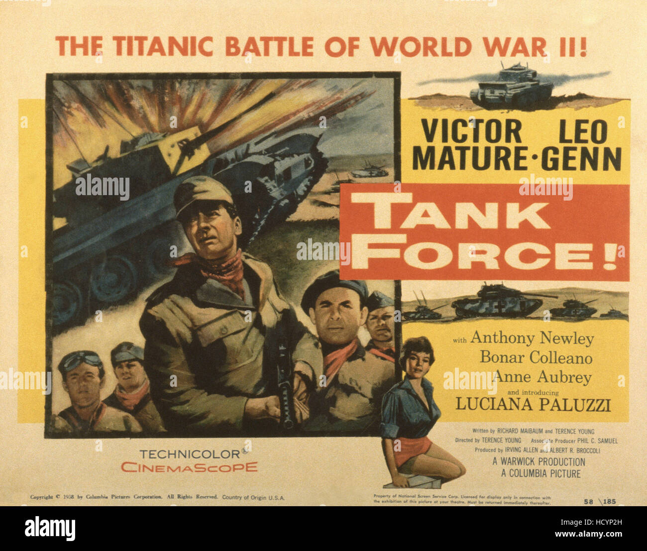 TANK FORCE, (aka NO TIME TO DIE), US poster, Victor Mature (neckerchief),  Leo Genn (beret), Luciana Paluzzi (right), 1958 Stock Photo - Alamy