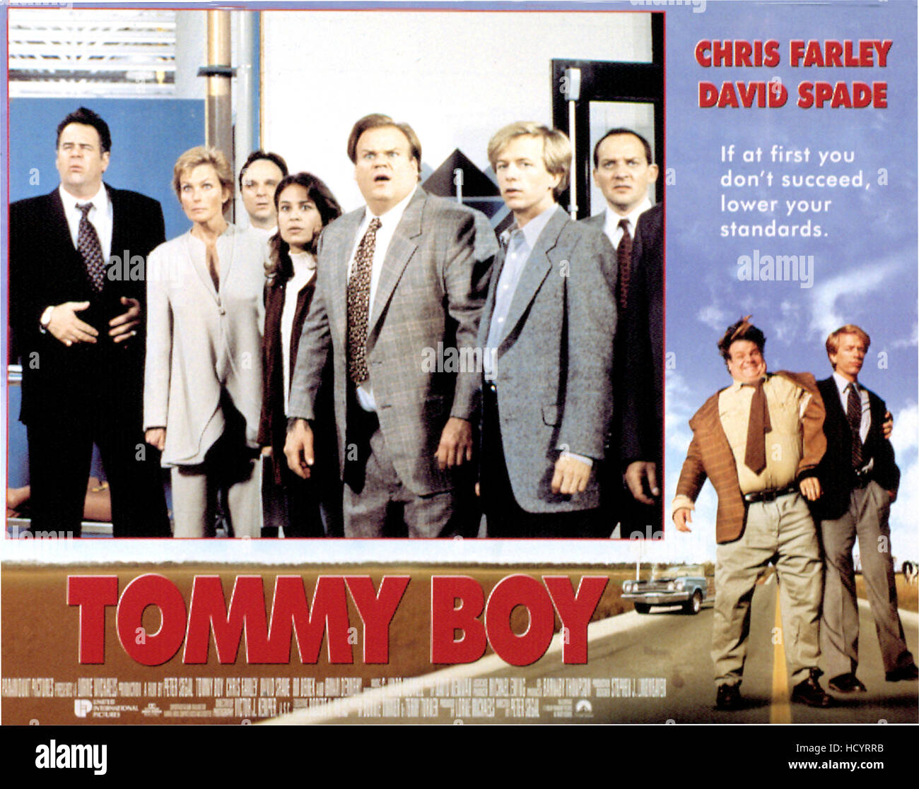TOMMY BOY, Dan Aykroyd, Bo Derek, Julie Warner, Chris Farley, David Spade, Zach Grenier, lobby card, poster art, 1995. Stock Photo