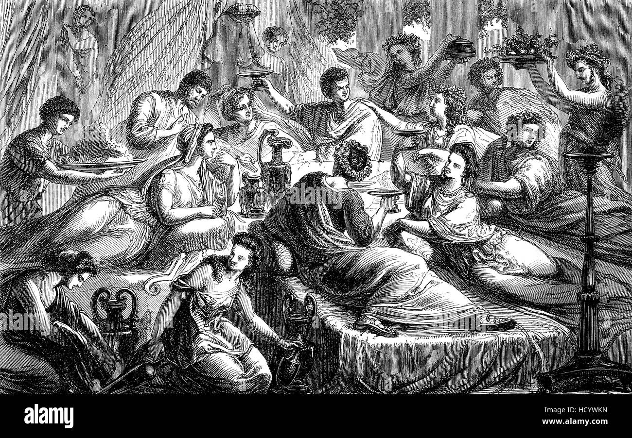 The banquet of a noble Roman in ancient Rome, the story of the ancient Rome, roman Empire, Italy Stock Photo
