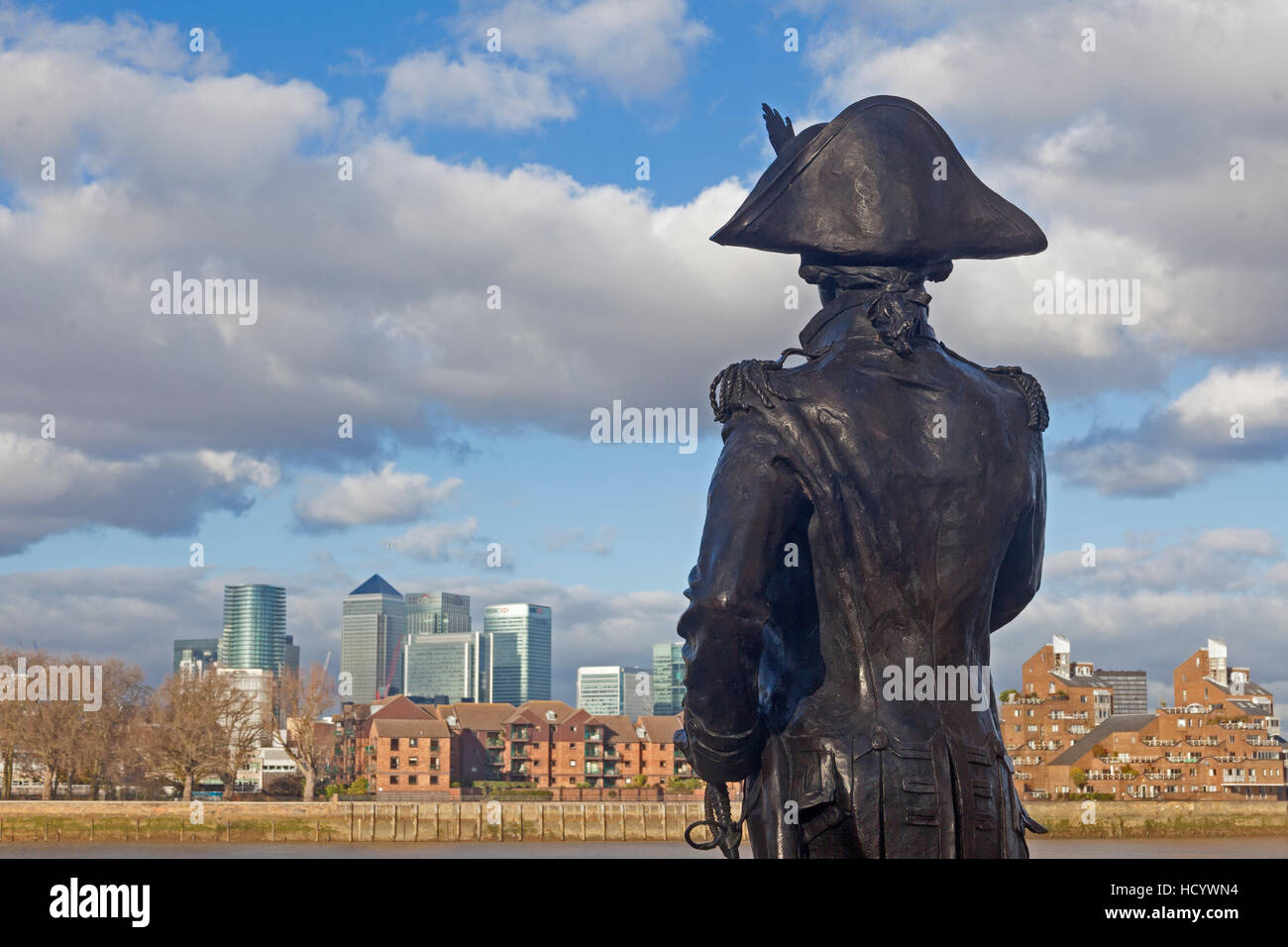 London, Greenwich  Nelson looks out across the river from the Trafalgar Tavern towards the Isle of Dogs and Canary Wharf Stock Photo