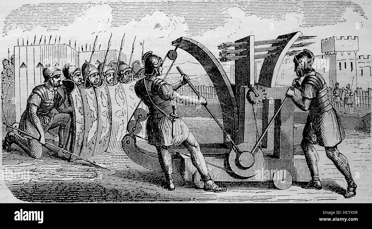 catapult for arrows, used by the roman soldiers in 210 BC, the story of the ancient Rome, roman Empire, Italy Stock Photo