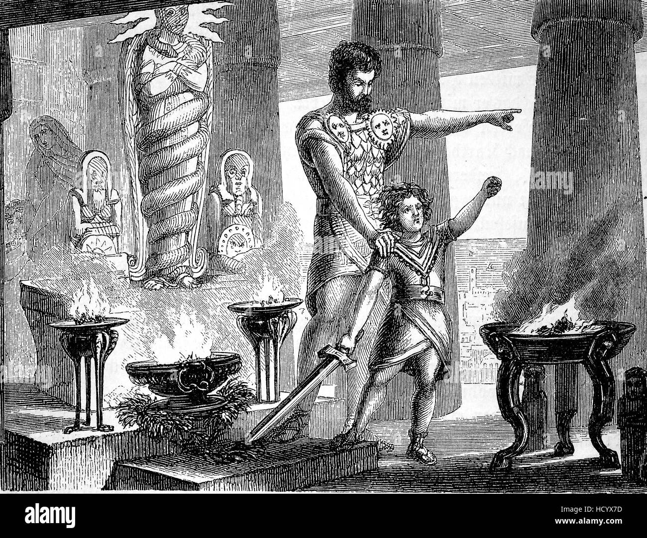 Hamilcar Barca or Barcas, 275 BC - 228 BC, a Carthaginian general and statesman, here with his son Hannibal, Hannibal Barca, the story of the ancient Rome, roman Empire, Italy Stock Photo