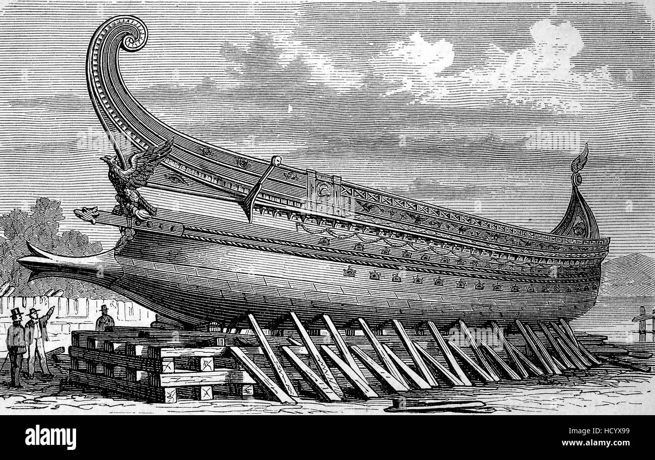 Trireme, an ancient vessel and a type of galley that was used by the ancient maritime civilizations of the Mediterranean, the story of the ancient Rome, roman Empire, Italy Stock Photo