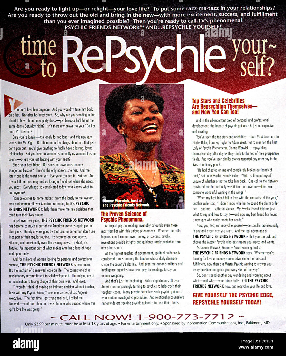 DIONNE WARWICK, ad for the Psychic Friends Network, 1990s. Stock Photo