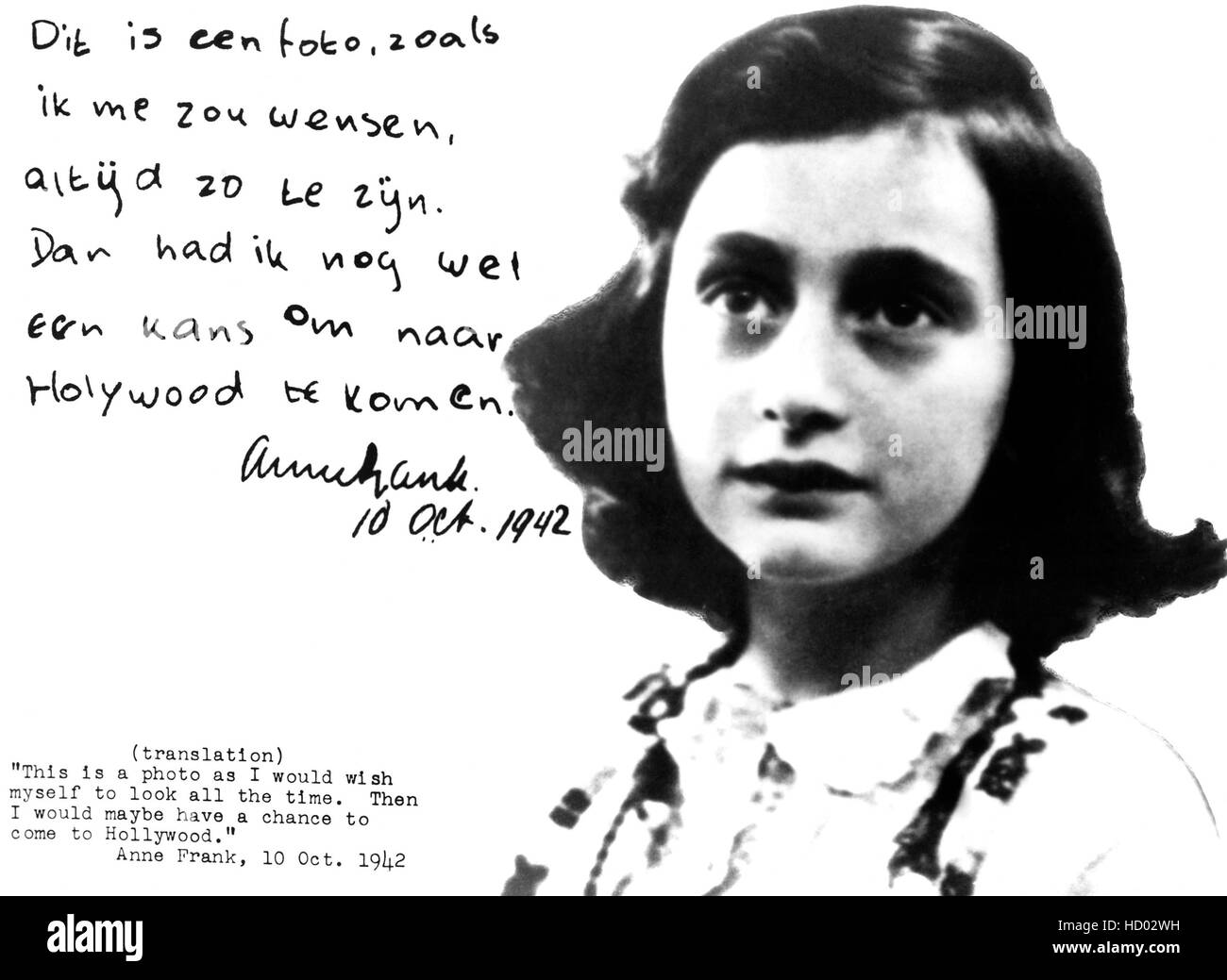 Anne Frank, portrait with writing from her own diary, ca. 1940s Stock Photo