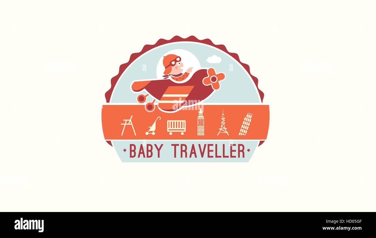Happy smiling kid flying plane like a real pilot. Baby traveler illustration.  Flat style cartoon vector Stock Vector